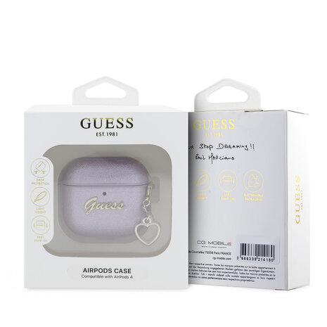 Guess Guess Airpods 4 Case - Metallic Script - Heart Charm - Purple