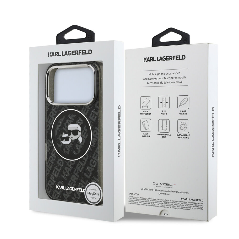 Karl Lagerfeld Karl Lagerfeld iPhone 17 Pro Backcover hoesje - MagSafe - IML Glitter K&C Heads Logo - Zwart