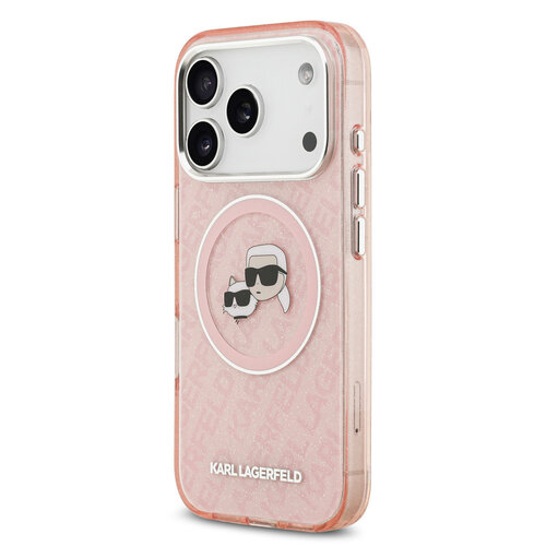 Karl Lagerfeld Karl Lagerfeld iPhone 17 Pro/iPhone 18 Pro Handyhülle MagSafe IML Glitzer Logo mit Karl-&-Choupette-Köpfen - Rosa