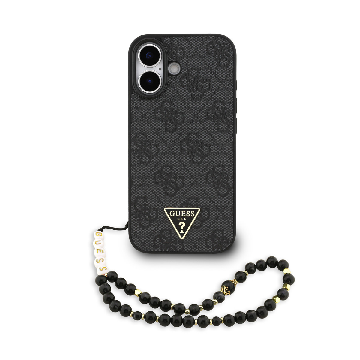 Guess Guess iPhone 17 Backcover hoesje - MagSafe - 4G Triangle Logo - Pearl Strap - Zwart