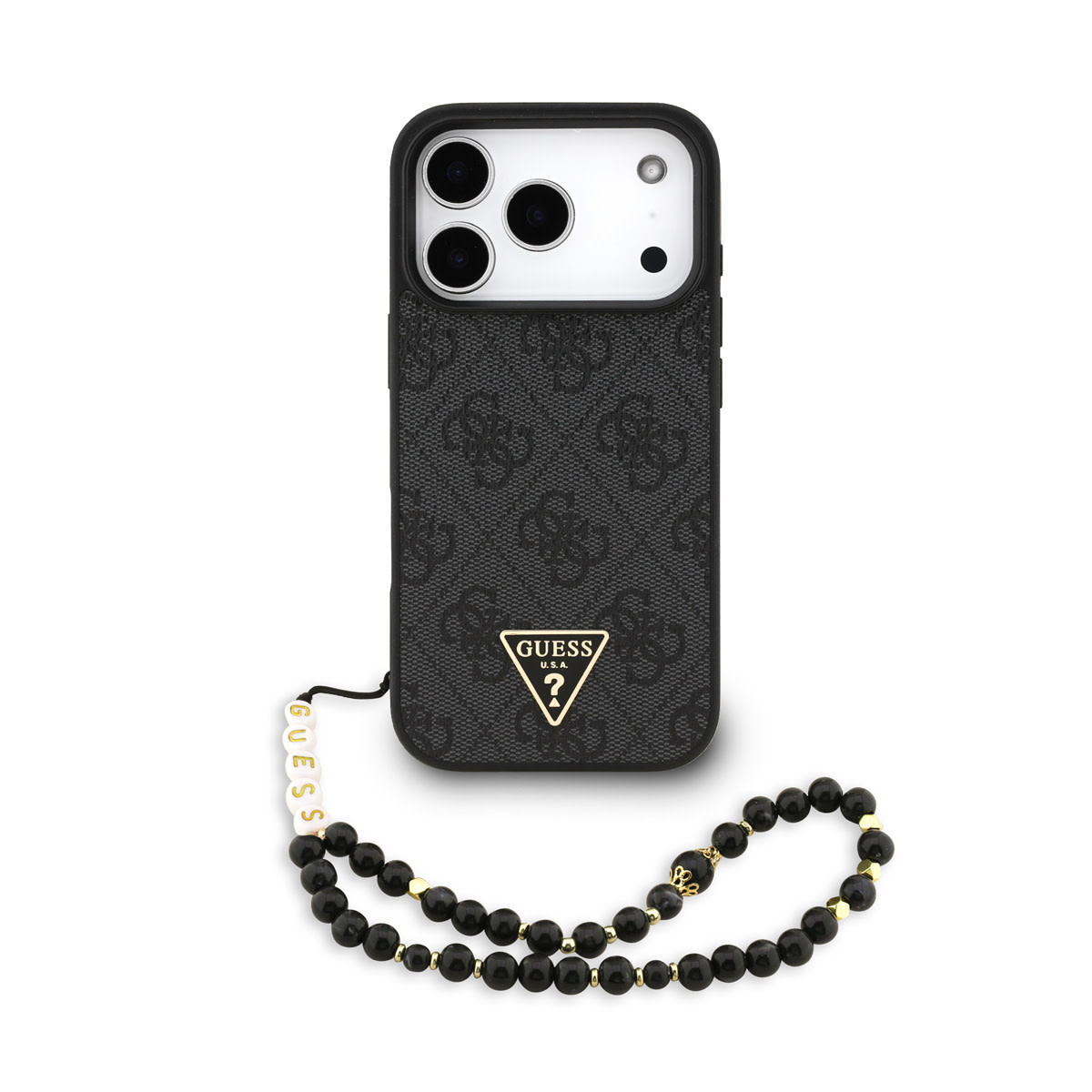 Guess Guess iPhone 17 Pro Backcover hoesje - MagSafe - 4G Triangle Logo - Pearl Strap - Zwart
