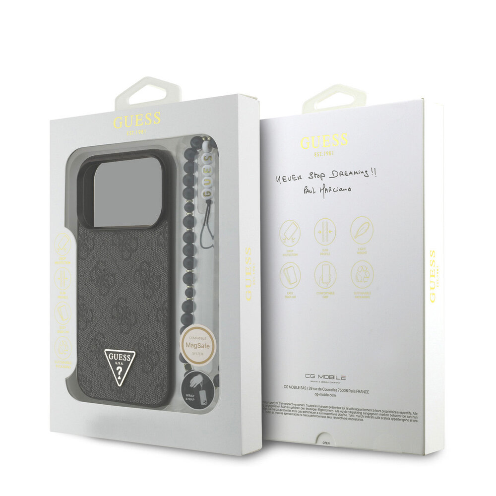 Guess Guess iPhone 17 Pro Backcover hoesje - MagSafe - 4G Triangle Logo - Pearl Strap - Zwart