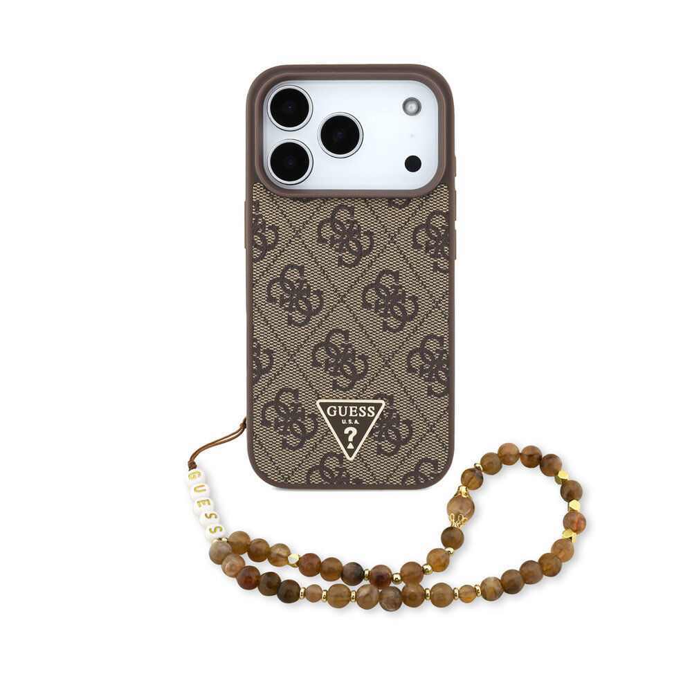 Guess Guess iPhone 17 Pro Backcover hoesje - MagSafe - 4G Triangle Logo - Pearl Strap - Bruin