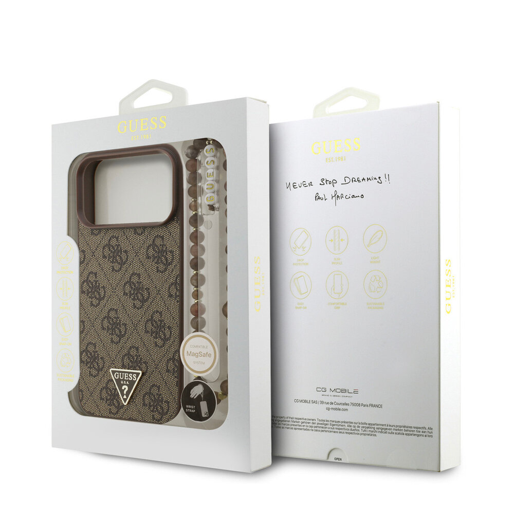 Guess Guess iPhone 17 Pro Max Back-Cover hul - MagSafe - 4G Triangle Logo - Pearl Strap - Braun