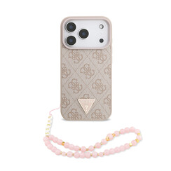 Guess iPhone 17 Pro/iPhone 18 Pro Coque - MagSafe - Logo 4G triangulaire - Cordon de perles - Rose