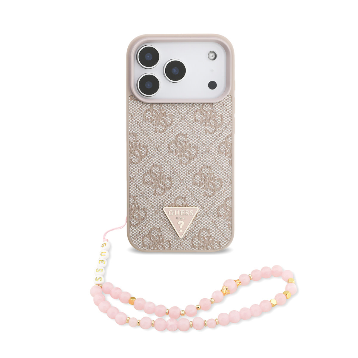 Guess Guess iPhone 17 Pro Backcover hoesje - MagSafe - 4G Triangle Logo - Pearl Strap - Roze
