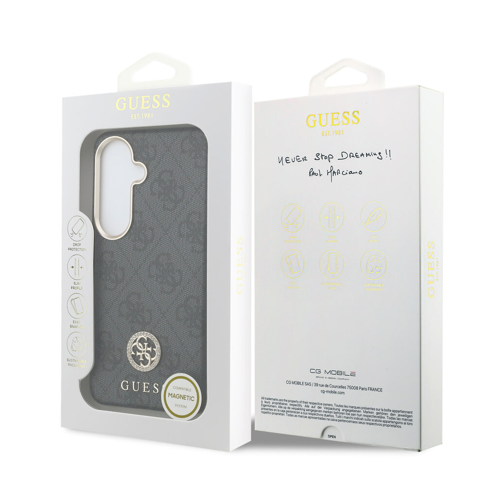 Guess Guess Galaxy S26 Back cover case - Magsafe PU Leather - 4G Strass Logo - Gold Edge - Black