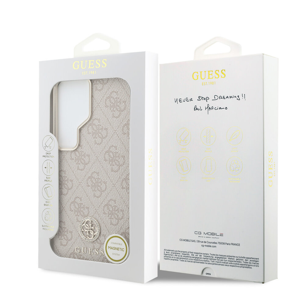 Guess Guess Galaxy S26 Ultra Backcover hoesje - Magsafe PU Leather - 4G Strass Logo - Gold Edge - Roze