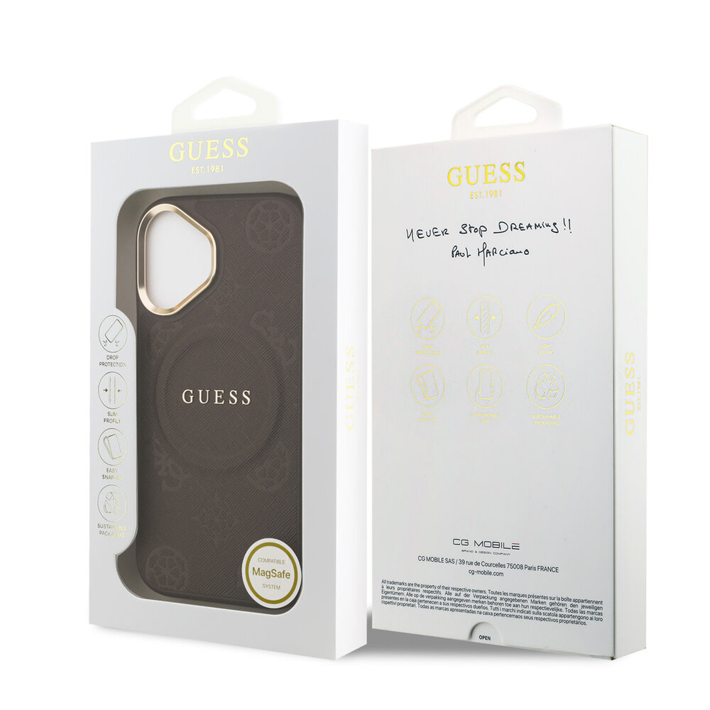 Guess Guess iPhone 17 Back cover coque - Magsafe - PU Leather Peony Hot Stamp Design - Marron