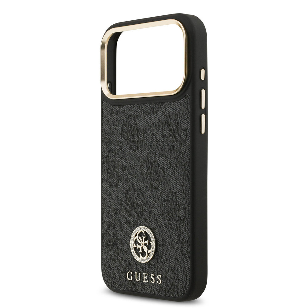 Guess Guess iPhone 17 Pro Max Back cover coque - MagSafe - 4G Strass Logo - Gold Edge - Noir