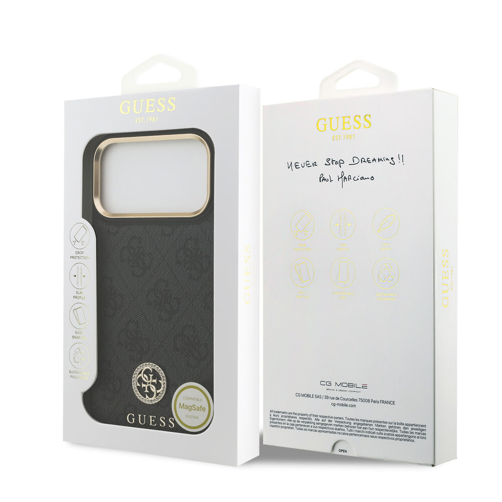 Guess Guess iPhone 17 Pro Max Back cover coque - MagSafe - 4G Strass Logo - Gold Edge - Noir