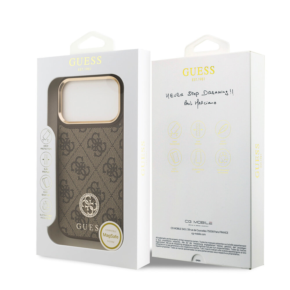 Guess Guess iPhone 17 Pro Backcover hoesje - MagSafe - 4G Strass Logo - Gold Edge - Bruin