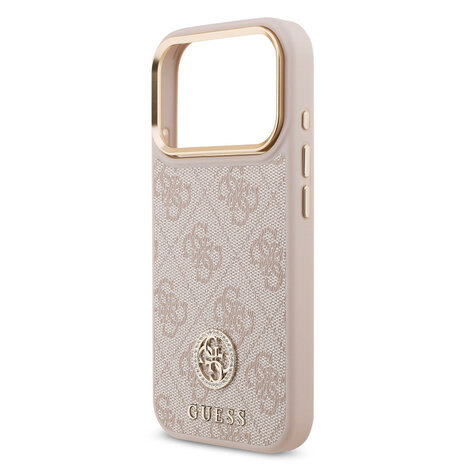 Guess Guess iPhone 17 Pro Backcover hoesje - MagSafe - 4G Strass Logo - Gold Edge - Roze