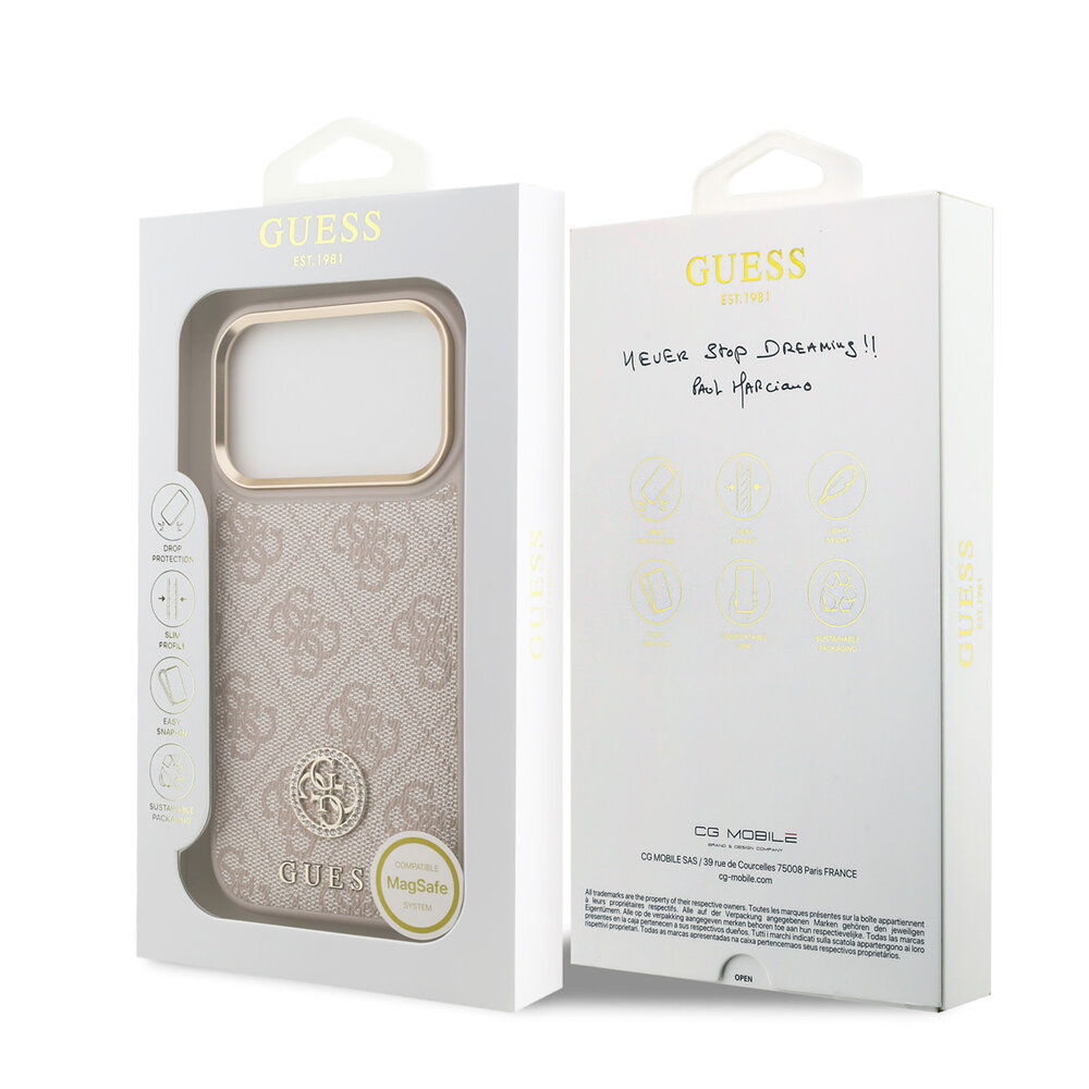 Guess Guess iPhone 17 Pro Back cover case - MagSafe - 4G Strass Logo - Gold Edge - Pink