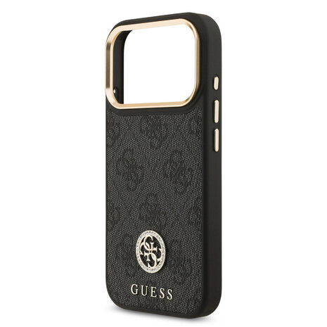 Guess Guess iPhone 17 Pro Backcover hoesje - MagSafe - 4G Strass Logo - Gold Edge - Zwart