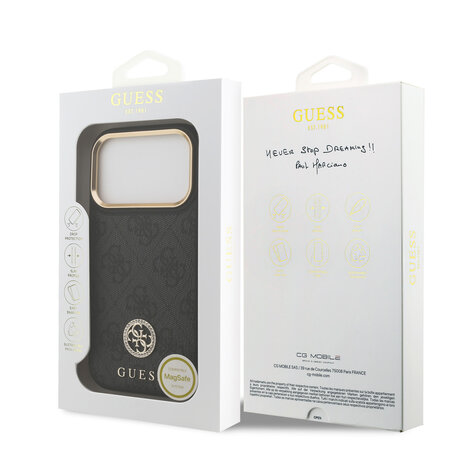 Guess Guess iPhone 17 Pro Backcover hoesje - MagSafe - 4G Strass Logo - Gold Edge - Zwart