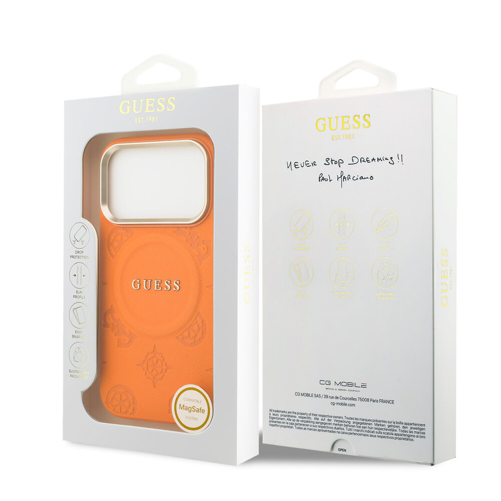 Guess Guess iPhone 17 Pro Backcover hoesje - Magsafe - PU Leather Peony Hot Stamp Design - Oranje