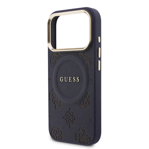 Guess Guess iPhone 17 Pro/iPhone 18 Pro Handyhülle MagSafe PU-Kunstleder mit geprägtem Pfingstrosenmotiv - Blau