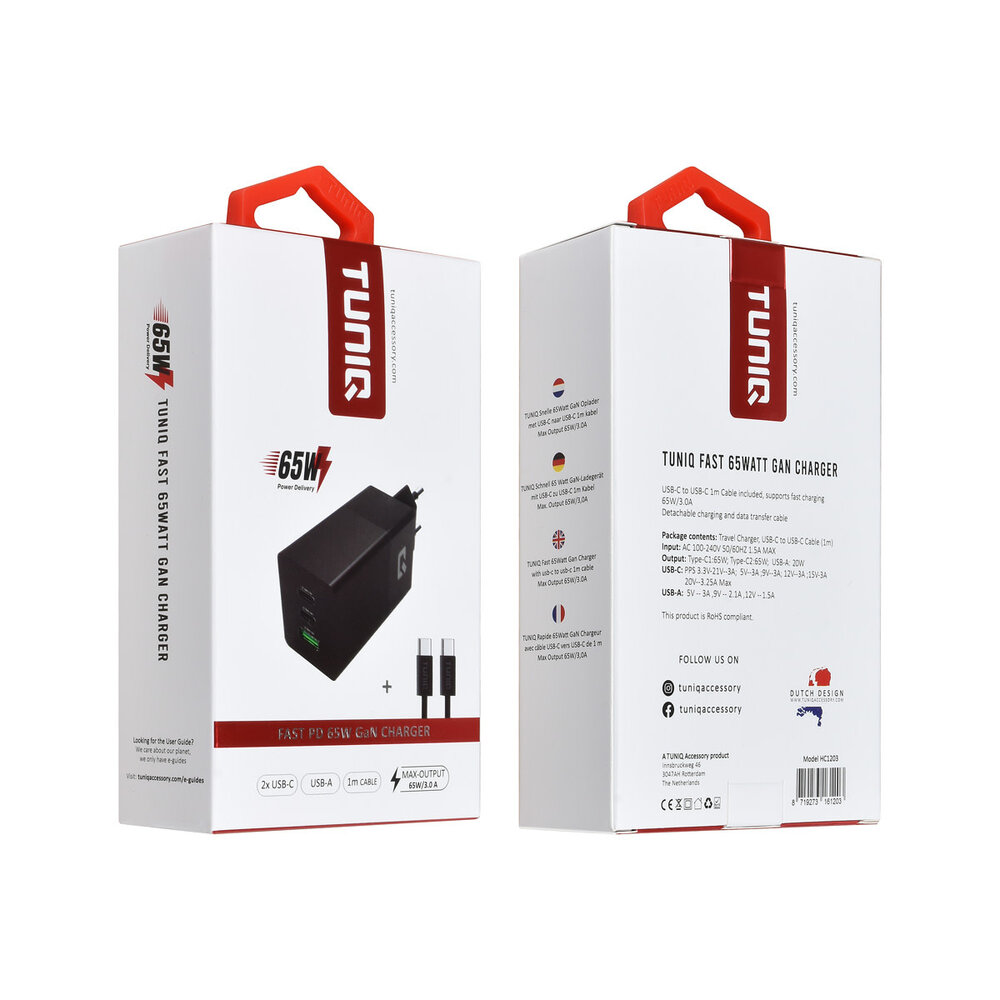 TUNIQ TUNIQ PD 65W - Heimladegerät mit USB-C zu USB-C Kabel - Schwarz
