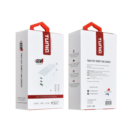 TUNIQ Chargeur domestique TUNIQ PD 65W - Avec câble USB-C vers USB-C - Blanc