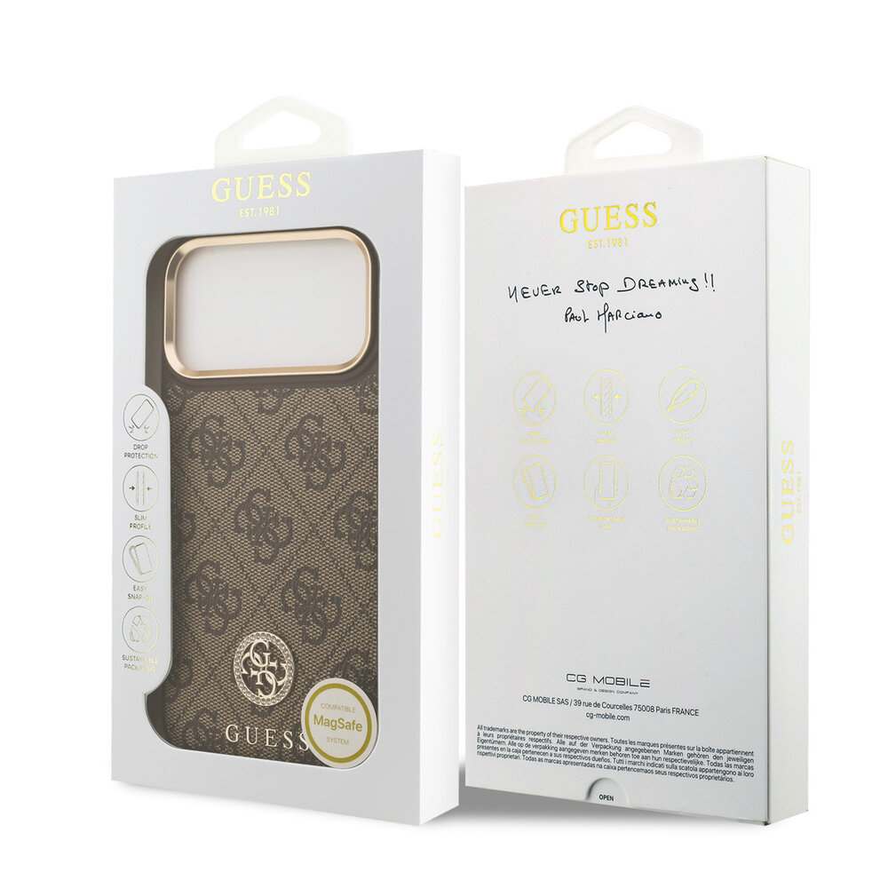 Guess Guess iPhone 17 Pro Max Back cover coque - MagSafe - 4G Strass Logo - Gold Edge - Marron