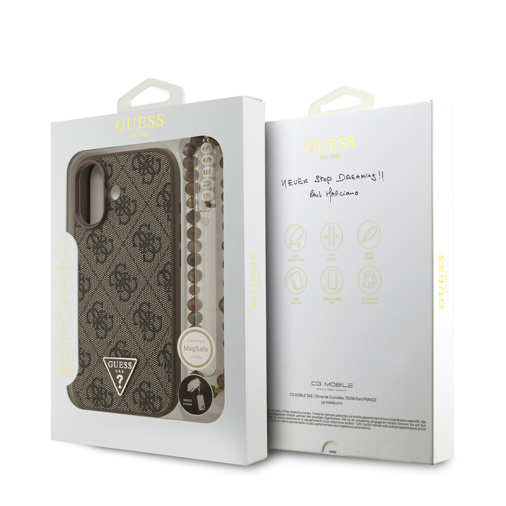 Guess Guess iPhone 17 Back-Cover hul - MagSafe - 4G Triangle Logo - Pearl Strap - Braun