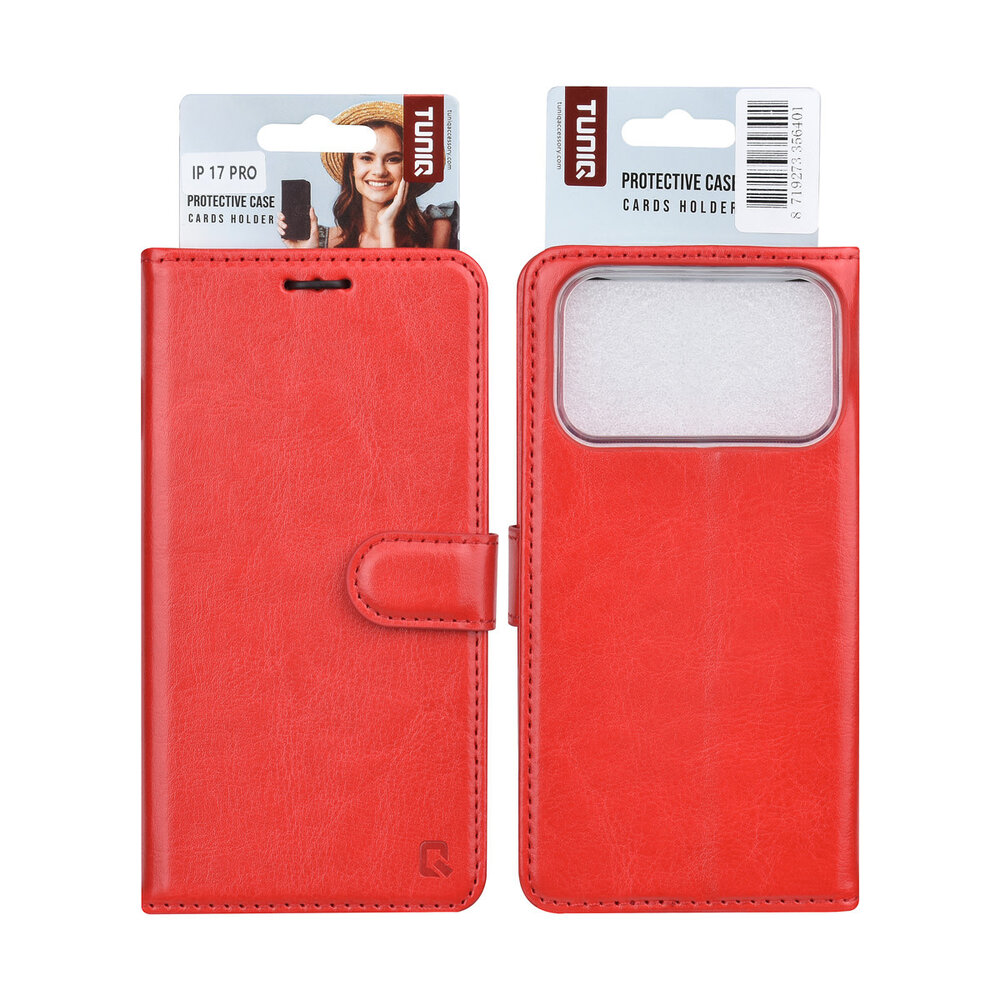 TUNIQ TUNIQ iPhone 17 Pro Book-Case hul - Kartenhalter für 3 Karten - Magnetverschluss - Aufhänger - Rot TUNIQ TUNIQ iPhone 17 Pro Book-Case hul - Kartenhalter für 3 Karten - Magnetverschluss - Aufhänger - Rot