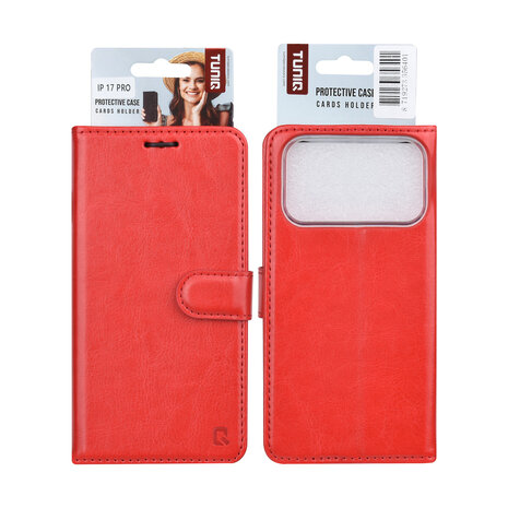 TUNIQ TUNIQ iPhone 17 Pro Book type case - Card holder for 3 cards - Magnetic closure - Hanger - Red