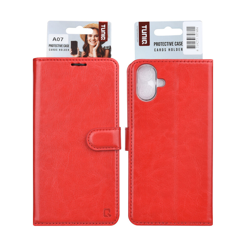 TUNIQ TUNIQ Galaxy A07 Book-Case hul - Kartenhalter für 3 Karten - Magnetverschluss - Aufhänger - Rot