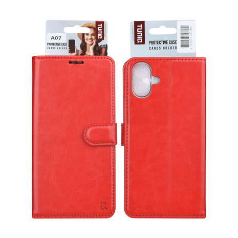 TUNIQ TUNIQ Galaxy A07 Book-Case hul - Kartenhalter für 3 Karten - Magnetverschluss - Aufhänger - Rot