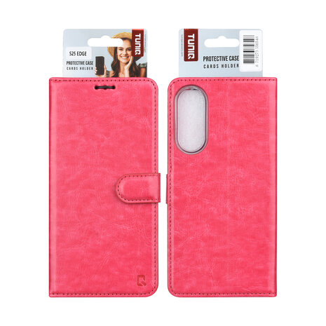 TUNIQ TUNIQ Galaxy S25 Edge Book type housse - Porte-cartes pour 3 cartes - Fermeture magnétique - Cintre - Rose vif