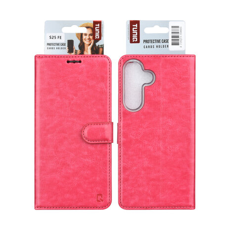 TUNIQ TUNIQ Galaxy S25 FE Book type housse - Porte-cartes pour 3 cartes - Fermeture magnétique - Cintre - Rose vif