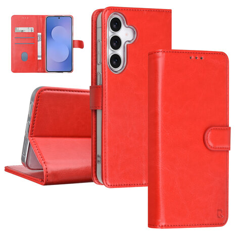 TUNIQ TUNIQ Galaxy S25 FE Book Case hoesje - Pasjeshouder voor 3 pasjes - Magneetsluiting - Hanger - Rood