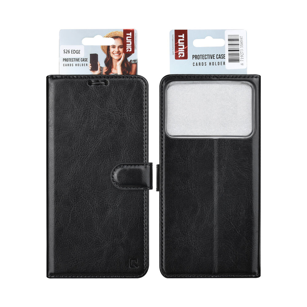 TUNIQ TUNIQ Galaxy S26 Edge Book Case hoesje - Pasjeshouder voor 3 pasjes - Magneetsluiting - Hanger - Zwart TUNIQ TUNIQ Galaxy S26 Edge Book Case hoesje - Pasjeshouder voor 3 pasjes - Magneetsluiting - Hanger - Zwart