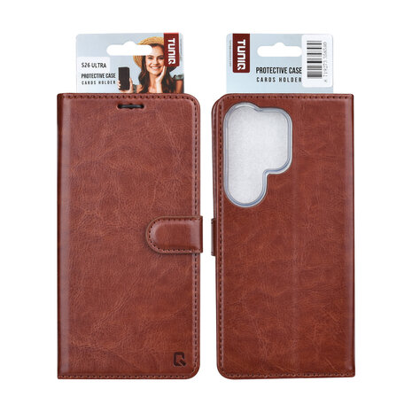 TUNIQ TUNIQ Galaxy S26 Ultra Book type case - Card holder for 3 cards - Magnetic closure - Hanger - Brown