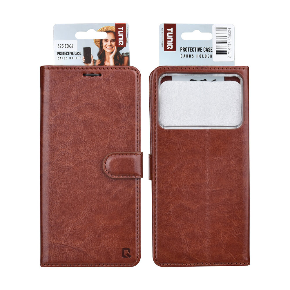 TUNIQ TUNIQ Galaxy S26 Edge Book Case hoesje - Pasjeshouder voor 3 pasjes - Magneetsluiting - Hanger - Bruin