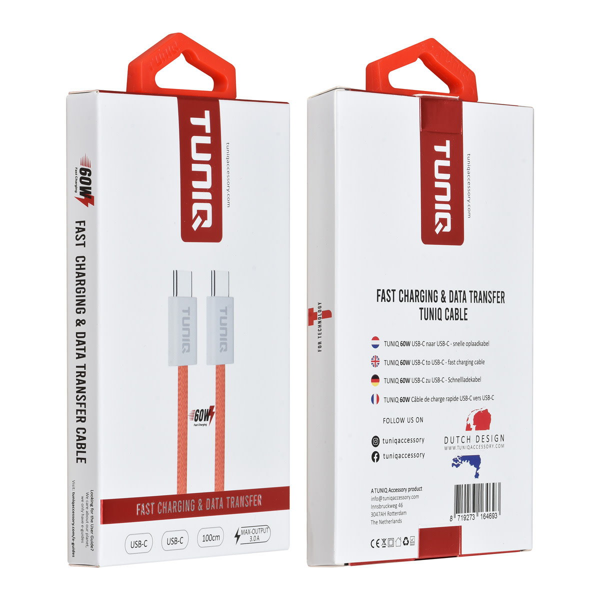 TUNIQ TUNIQ 60W USB-C naar USB-C Kabel 100cm - Snelle oplaadkabel - Oranje, foto 2 van 2