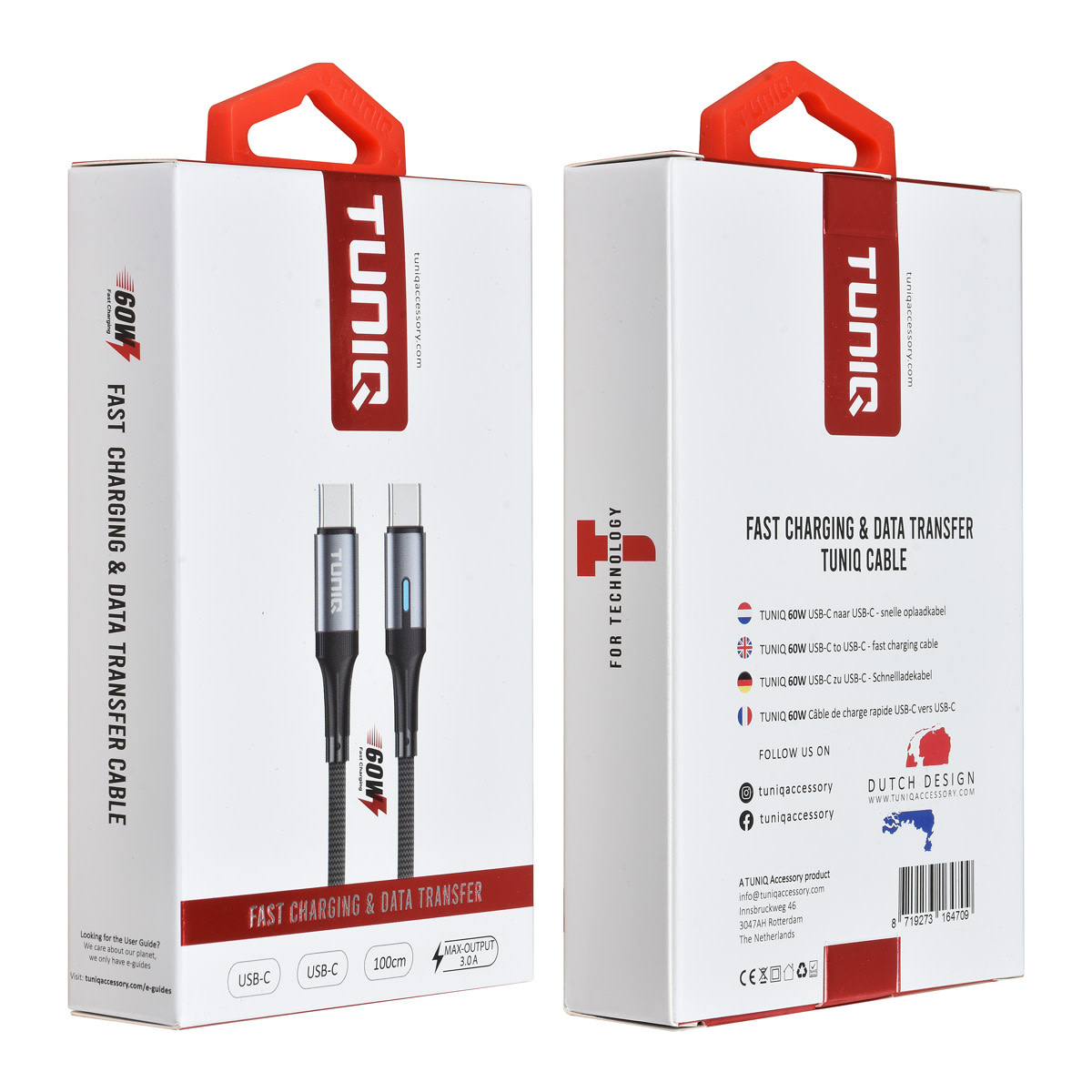TUNIQ TUNIQ 60W USB-C naar USB-C Kabel 100cm - Snelle oplaadkabel - Zwart, foto 2 van 2