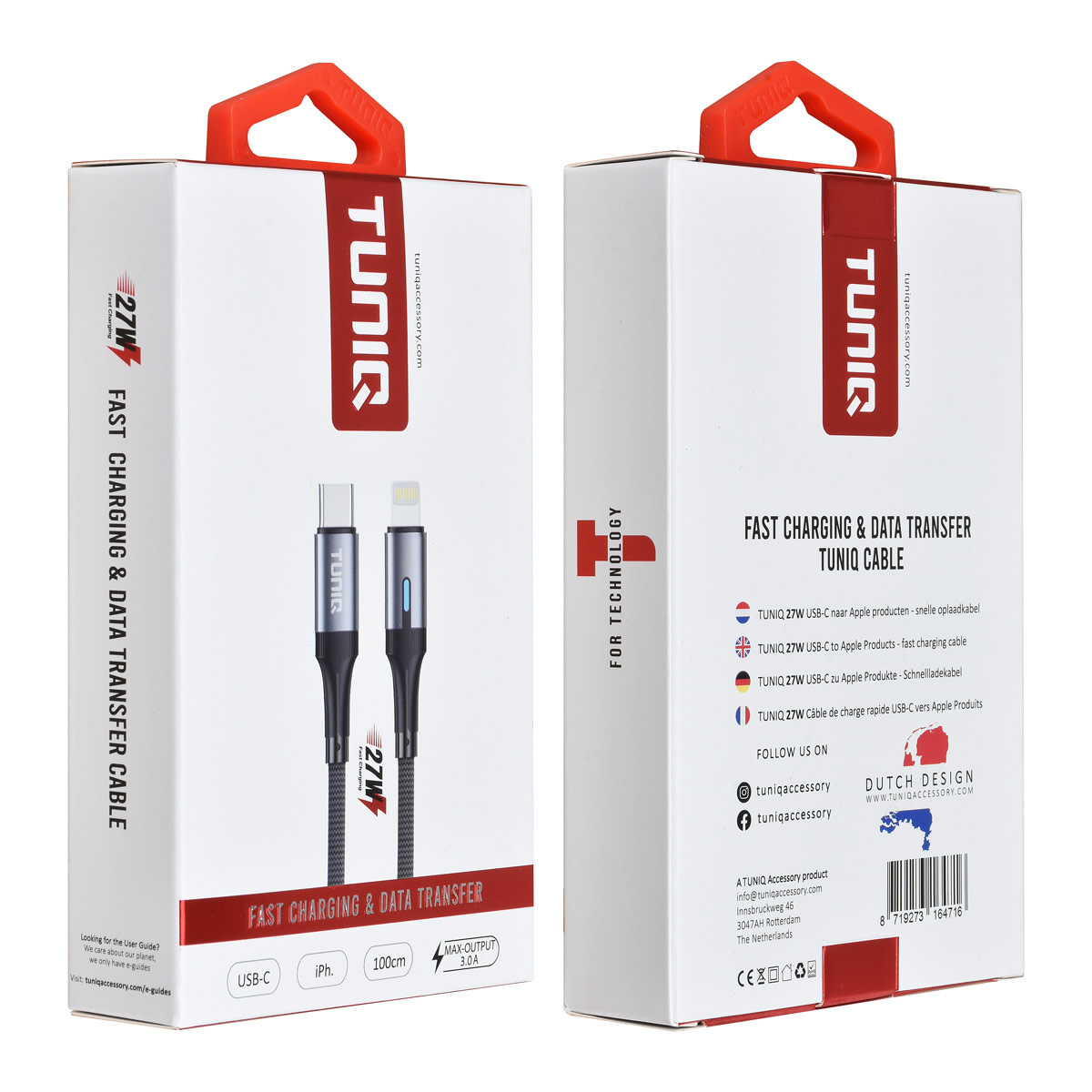 TUNIQ TUNIQ 27W USB-C naar Lightning Kabel 100cm - Snelle oplaadkabel - Zwart, foto 2 van 2
