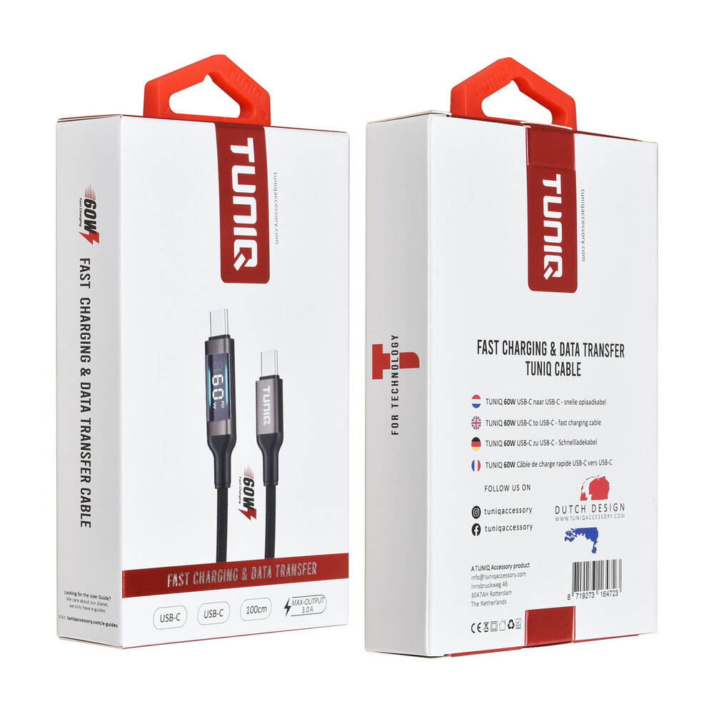 TUNIQ TUNIQ 60W USB-C zu USB-C Kabel 100cm - Schnellladekabel - With Display - Schwarz