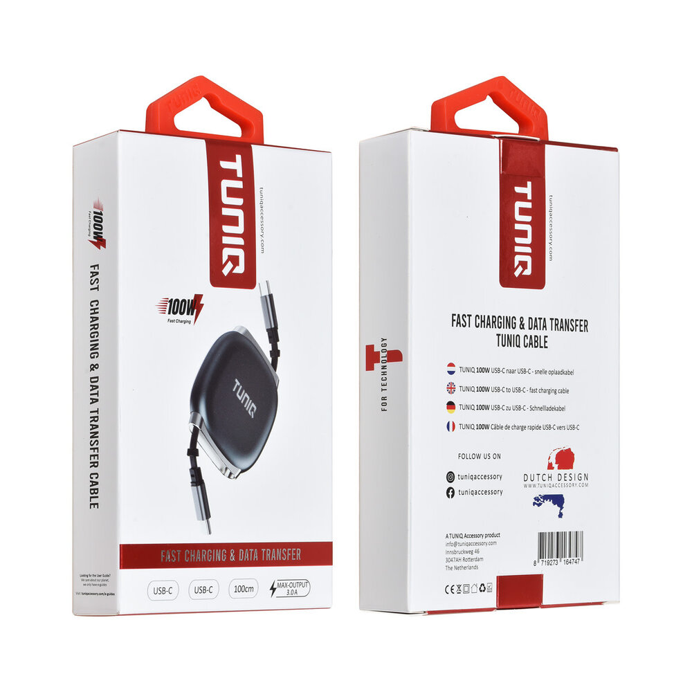 TUNIQ TUNIQ 100W USB-C to USB-C Cable 100cm - Fast charging cable - Retractable Cable - Black TUNIQ TUNIQ 100W USB-C to USB-C Cable 100cm - Fast charging cable - Retractable Cable - Black