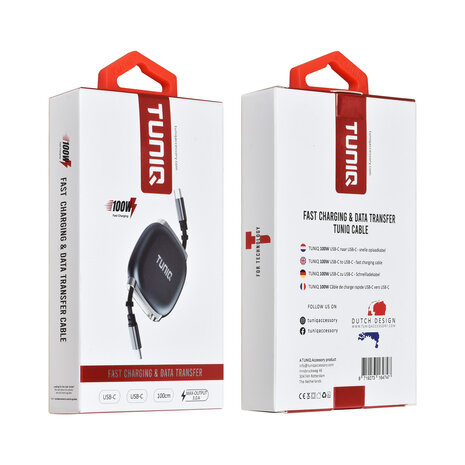TUNIQ TUNIQ 100W USB-C zu USB-C Kabel 100cm - Schnellladekabel - Einziehbares Kabel - Schwarz TUNIQ TUNIQ 100W USB-C zu USB-C Kabel 100cm - Schnellladekabel - Einziehbares Kabel - Schwarz