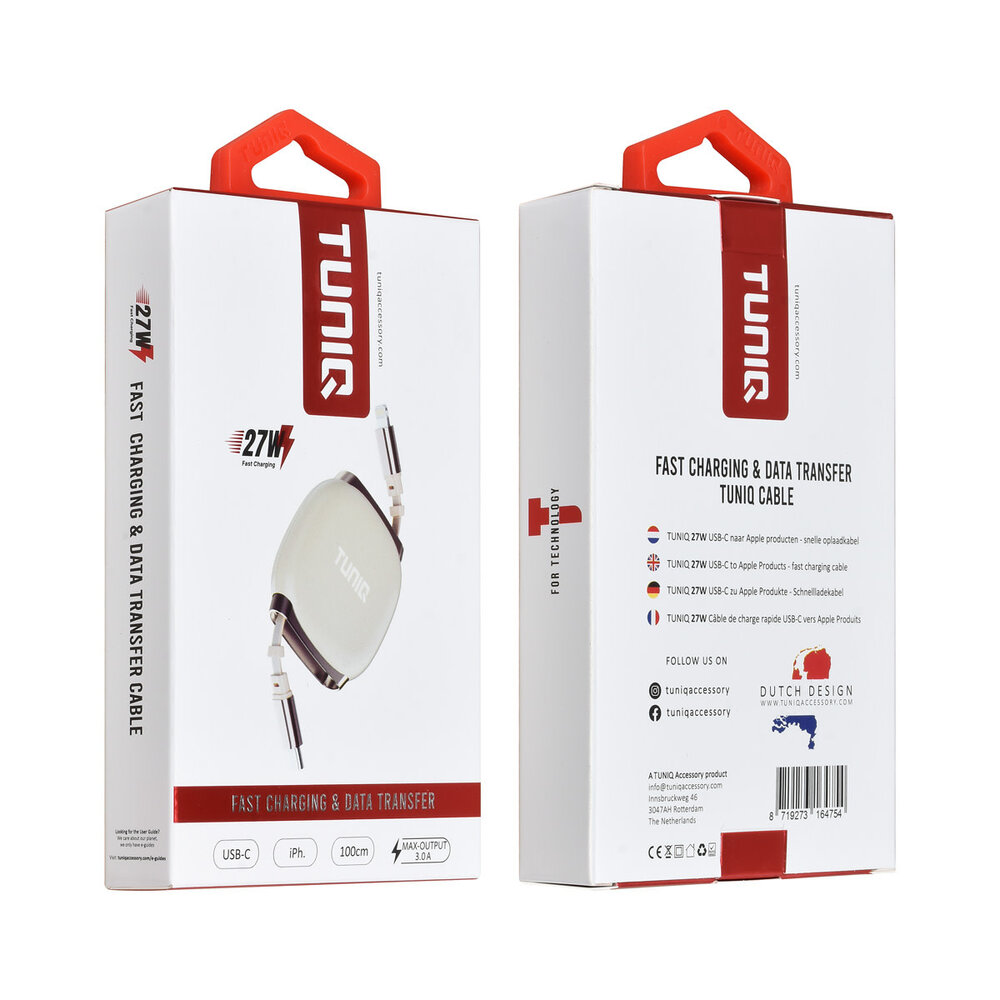 TUNIQ TUNIQ 27W USB-C to Lightning Cable 100cm - Fast charging cable - Retractable Cable - Champagne TUNIQ TUNIQ 27W USB-C to Lightning Cable 100cm - Fast charging cable - Retractable Cable - Champagne