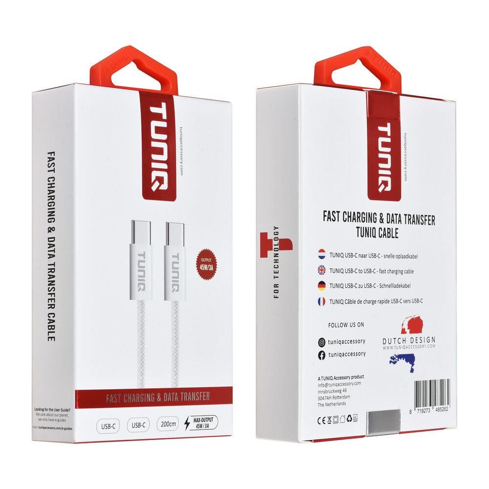 TUNIQ TUNIQ Câble de charge rapide - USB-C vers USB-C Câble 200cm - Blanc TUNIQ TUNIQ Câble de charge rapide - USB-C vers USB-C Câble 200cm - Blanc
