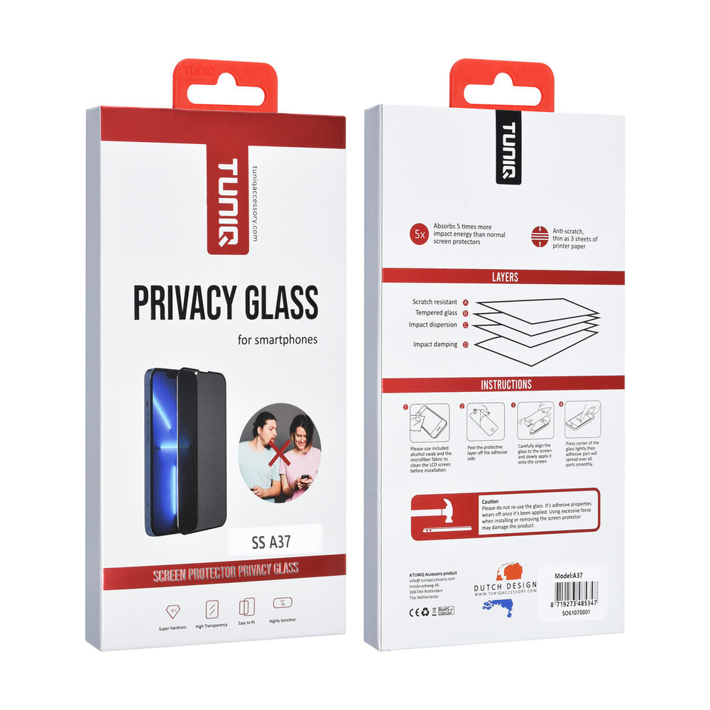 TUNIQ Box of 10 - TUNIQ Galaxy A37 Screenprotector - Privacy Glass - Zwart TUNIQ Box of 10 - TUNIQ Galaxy A37 Screenprotector - Privacy Glass - Zwart