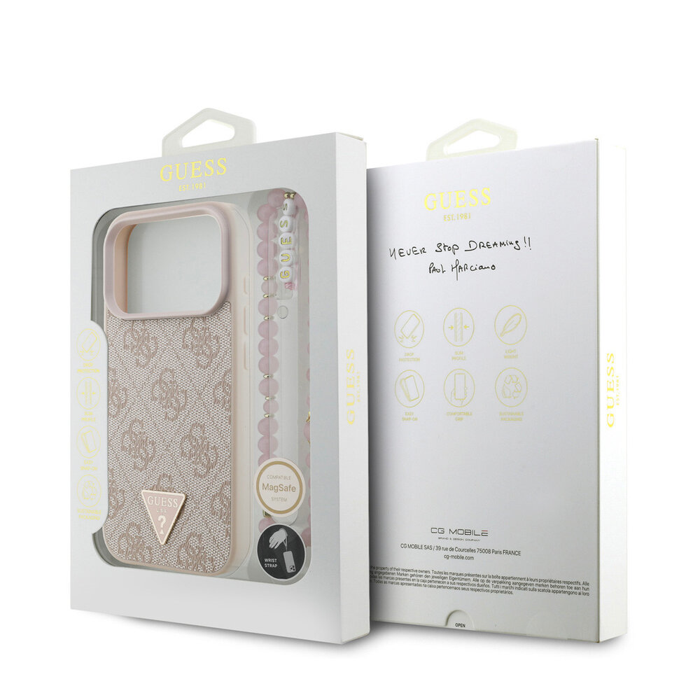 Guess Guess iPhone 17 Pro Back-Cover hul - MagSafe - 4G Triangle Logo - Pearl Strap - Rosa