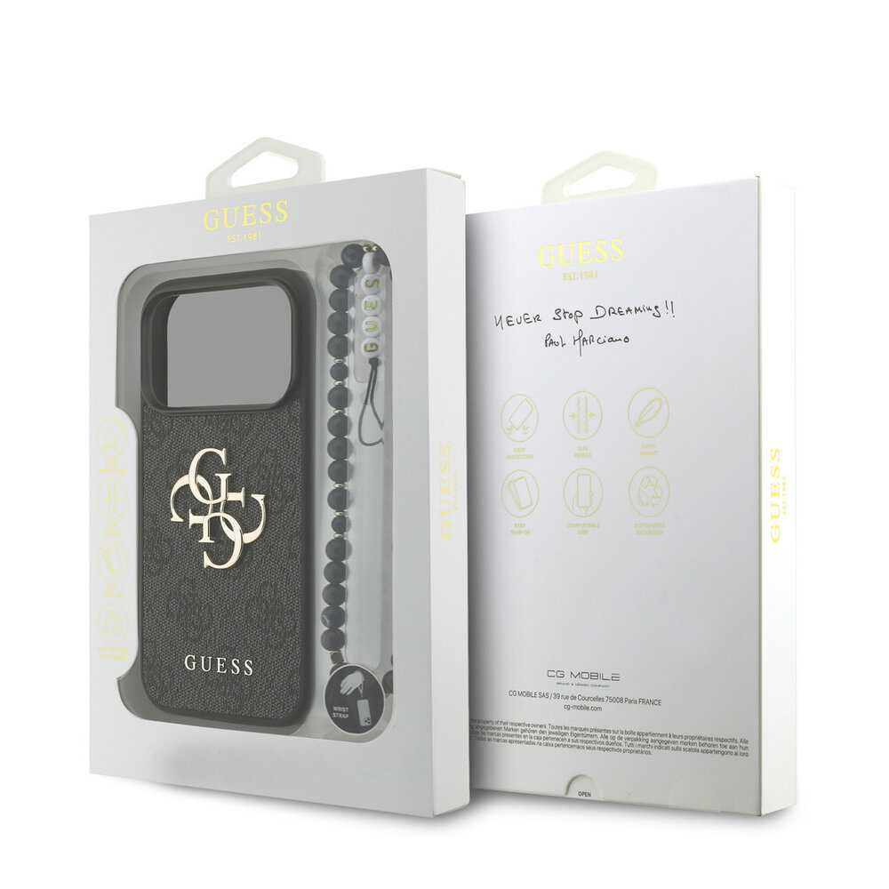 Guess Guess iPhone 17 Pro Backcover hoesje - 4G With Pearl Strap - Big Metal Logo - Zwart