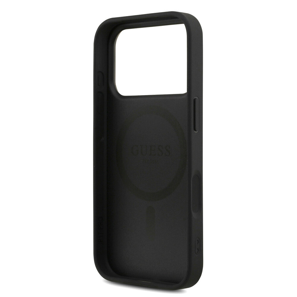 Guess Guess iPhone 17 Pro Backcover hoesje - MagSafe - 4G Triangle Logo - Pearl Strap - Zwart