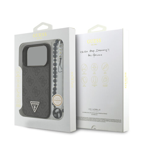 Guess Guess iPhone 17 Pro Backcover hoesje - MagSafe - 4G Triangle Logo - Pearl Strap - Zwart