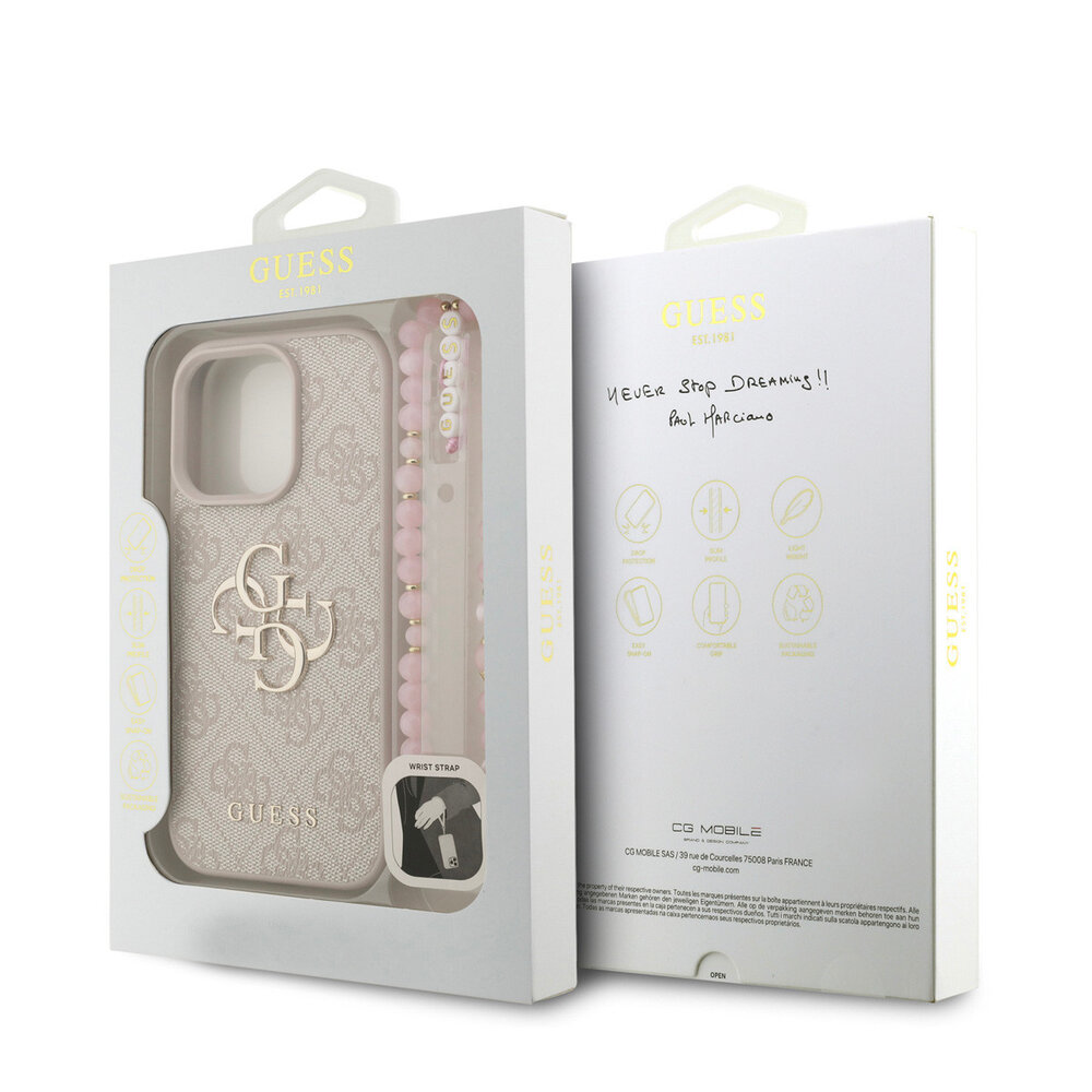 Guess Guess iPhone 16 Pro Backcover hoesje - MagSafe - 4G Classic Logo With Strap - Roze Guess Guess iPhone 16 Pro Backcover hoesje - MagSafe - 4G Classic Logo With Strap - Roze